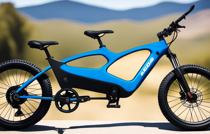 An image showcasing a skilled cyclist effortlessly gliding uphill on a rugged mountain trail, with a vibrant electric blue aura enveloping their modified mountain bike, highlighting the seamless integration of an electric conversion kit