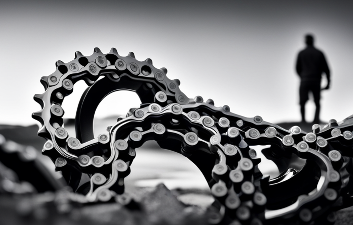 An image showcasing a close-up of a bicycle chain, with a cyclist's hand gently holding it