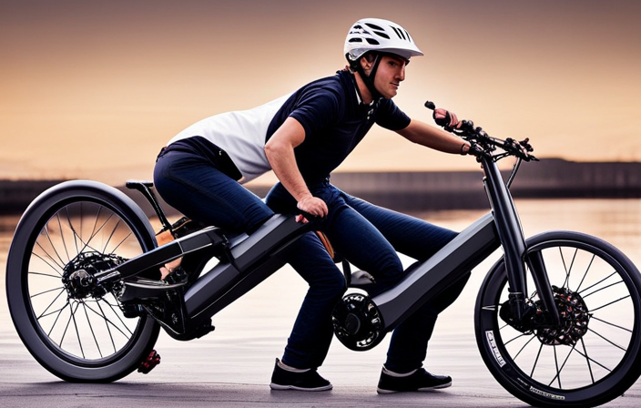 An image showcasing a step-by-step guide on constructing an electric bike: a frame being welded together, wires connected to a battery, a motor being mounted on the rear wheel, and a rider testing it out with a joyful expression