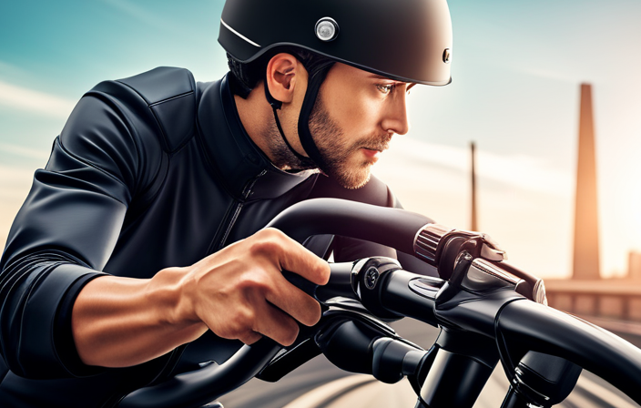 An image showcasing a close-up shot of an electric bike's handlebar, with a rider's hand adjusting the throttle