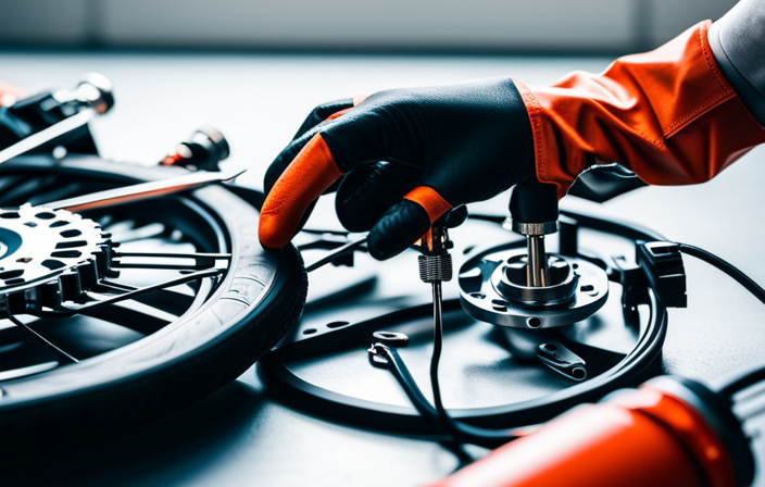 An image showing a close-up of skilled hands wearing protective gloves, skillfully assembling an electric bike, with various components like a motor, battery, and wires neatly laid out on a workbench nearby