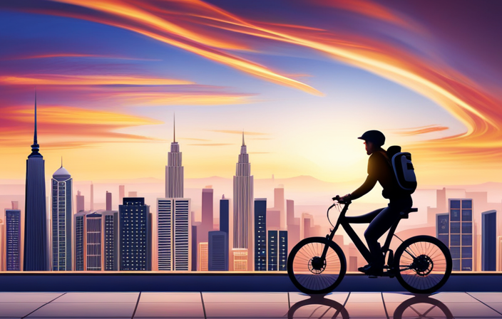 An image that showcases a person riding an electric bike at full speed on a steep incline, with a background of multiple energy-draining elements like bright city lights, a phone charging station, and an open laptop streaming videos
