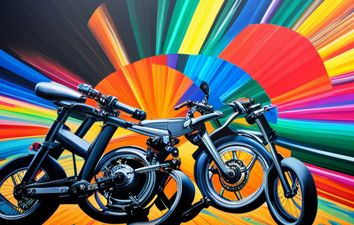 An image of an artist's hand holding a pencil, surrounded by a vibrant burst of colorful electric bike motors