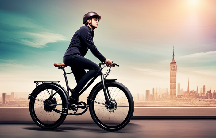 An image showcasing a close-up of a rider effortlessly gliding on an electric bike, with wind tousling their hair, a serene cityscape backdrop, and a clear display of the bike's sleek design and eco-friendly features