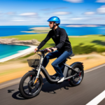 An image of a person confidently riding an electric bike on a scenic coastal road, the vibrant blue sea stretching endlessly in the background