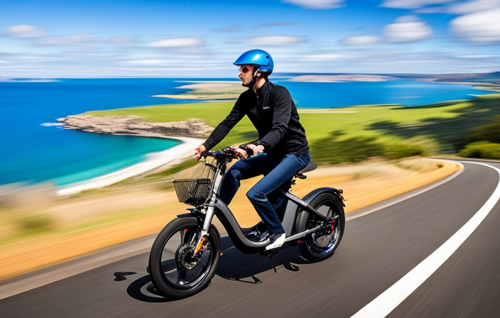 An image of a person confidently riding an electric bike on a scenic coastal road, the vibrant blue sea stretching endlessly in the background