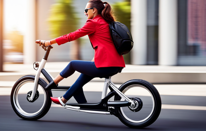 An image showcasing a person effortlessly gliding uphill on an electric bike, with the sunlight illuminating their smiling face, the bike's sleek design, and the rear wheel's electric motor visibly humming with power
