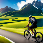 An image showcasing a cyclist riding an electric bike on a scenic mountain road, surrounded by lush greenery and a clear blue sky