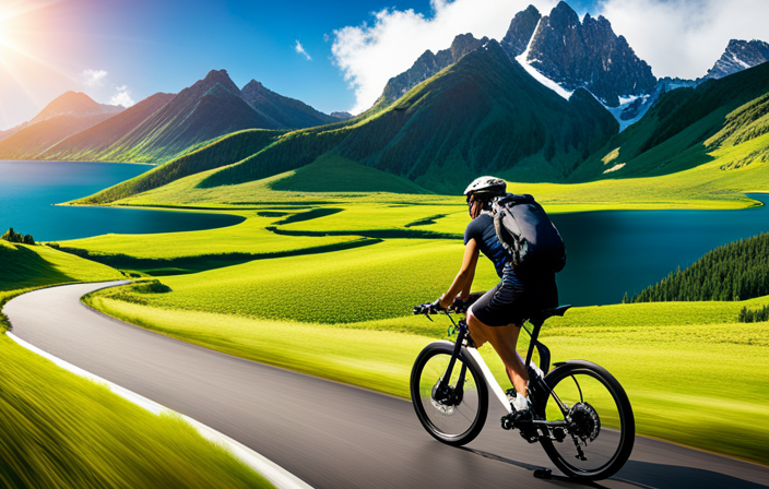An image showcasing a cyclist riding an electric bike on a scenic mountain road, surrounded by lush greenery and a clear blue sky