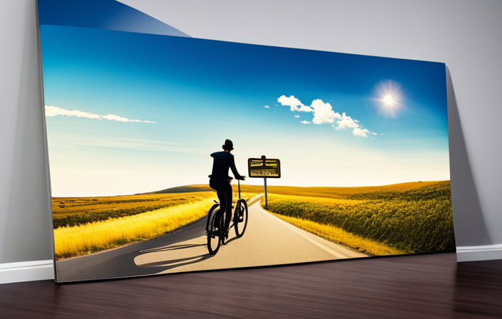 An image showcasing a person riding an electric bike on a scenic road, with clear blue skies, passing by a signpost displaying the distance traveled