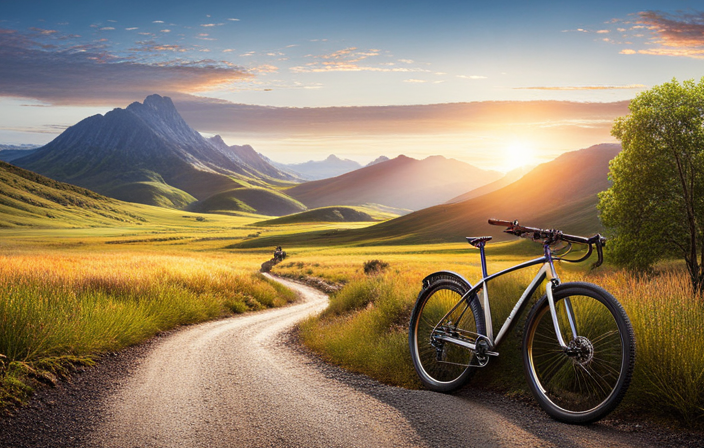 An image showcasing a rugged bicycle navigating a scenic trail, with a mix of dusty gravel and smooth pavement