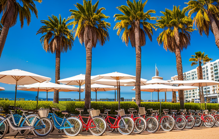 An image showcasing a vibrant beachside scene in Santa Monica, with a row of colorful electric bikes lined up on a sunny, palm tree-lined street, ready for rent