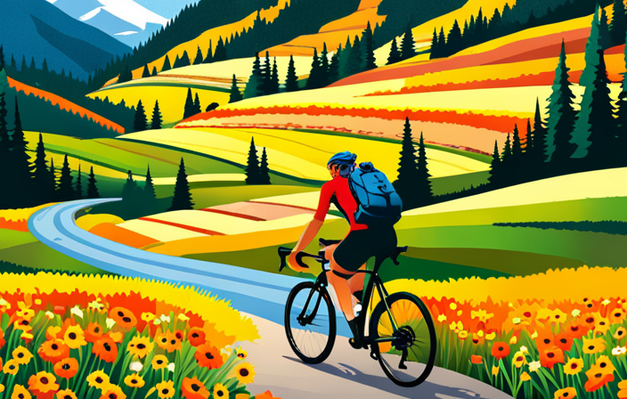 An image of a cyclist riding through a picturesque countryside, navigating a gravel path flanked by vibrant wildflowers