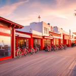 E an image showcasing a vibrant Santa Monica beach scene with a boardwalk lined with rental shops