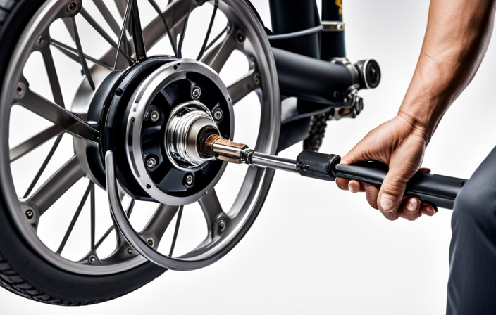 An image showcasing a close-up view of a skilled technician disassembling the 24volt Prodeca brushless front hub motor electric bike, meticulously inspecting and repairing its intricate components with specialized tools