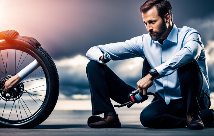 An image showcasing a close-up shot of a pair of gloved hands deflating an electric bike tire, followed by step-by-step visuals of removing the wheel, locating the puncture, patching it, and inflating the tire back to its optimal pressure