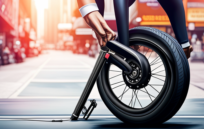 An image showcasing a close-up of a hand gripping a tire lever, prying off a deflated tire from an electric bike wheel