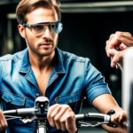 An image of a person wearing safety goggles, holding a wrench, and examining the battery compartment of a Razor electric bike