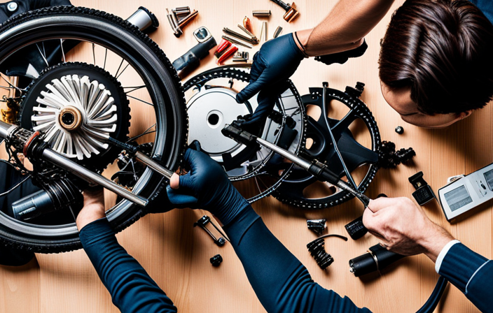 an overhead shot of a pair of skilled hands delicately dismantling an electric bike motor, revealing its intricate components