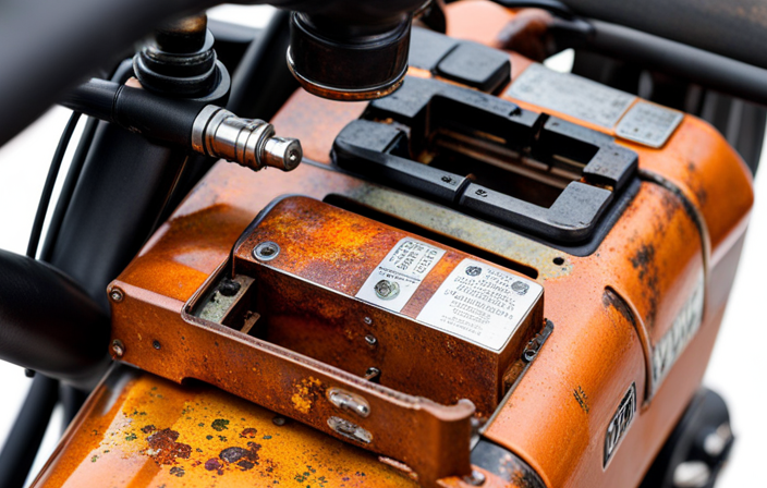 An image that showcases a close-up view of a rusted electric stationary bike battery compartment