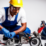 An image depicting a person wearing safety goggles and gloves, holding a multimeter, while inspecting the battery connections of an electric mini bike
