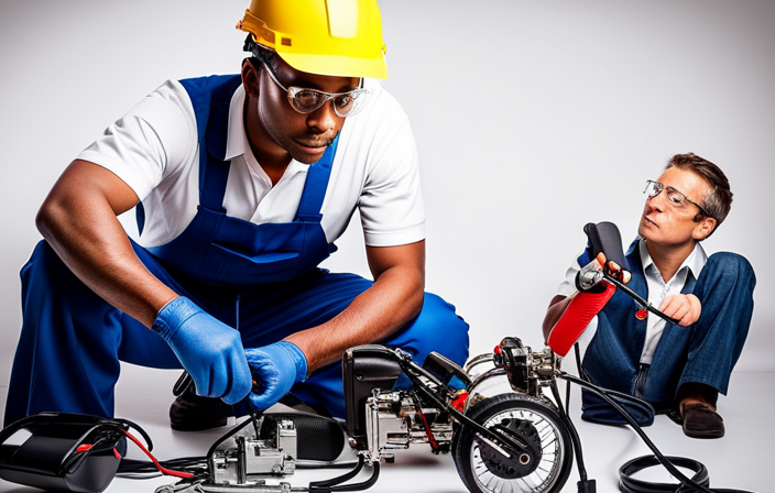 An image depicting a person wearing safety goggles and gloves, holding a multimeter, while inspecting the battery connections of an electric mini bike