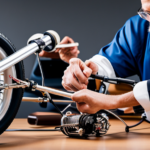 An image showcasing a close-up of a pair of gloved hands skillfully examining the intricate wiring system of a fully charged electric mini bike, with various tools and components neatly laid out nearby