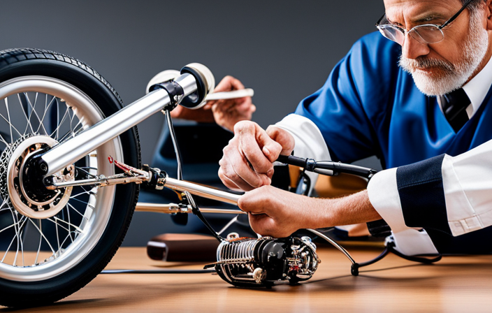 An image showcasing a close-up of a pair of gloved hands skillfully examining the intricate wiring system of a fully charged electric mini bike, with various tools and components neatly laid out nearby