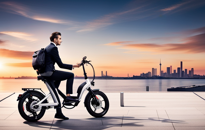 An image capturing the step-by-step process of folding an electric bike: a cyclist effortlessly unlatching the secure frame, neatly folding the handlebars, and compactly tucking away the wheels, showcasing the bike's convenient portability