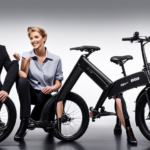 An image showcasing the step-by-step process of folding up an Emojo Electric Folding Bike: start by releasing the frame latch, fold the handlebars down, secure the pedals, and neatly tuck away the bike into its compact form