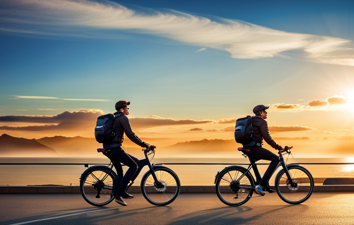 An image showcasing a person confidently riding a Castzon Electric Bike on a scenic road, with a clear view of their hands firmly gripping the handlebars, while a friendly instructor in a reflective vest observes and nods approvingly