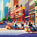 An image showcasing a vibrant city street with a sunlit bike shop in the foreground