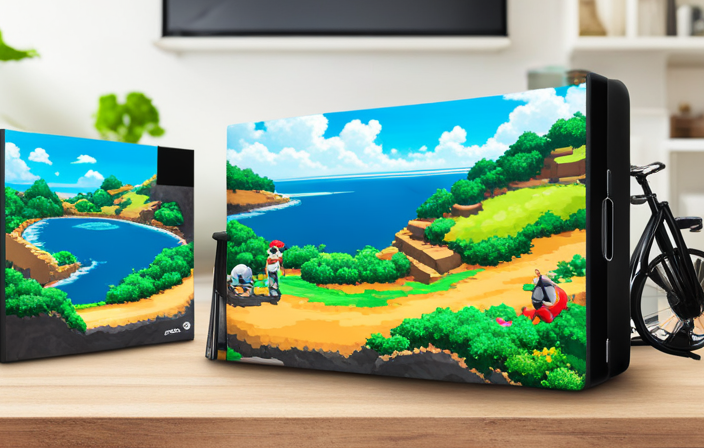 An image showcasing a serene, emerald-green landscape in the Hoenn Region, featuring a determined Pokemon Trainer effortlessly riding a sleek, silver bicycle along a winding coastal path, surrounded by vibrant wild Pokemon