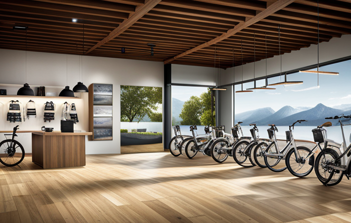 An image showcasing a bustling electric bike dealership with rows of sleek, eco-friendly e-bikes on display