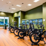 An image showcasing a bright, spacious showroom with sleek electric bikes neatly arranged on display