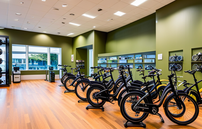 An image showcasing a bright, spacious showroom with sleek electric bikes neatly arranged on display