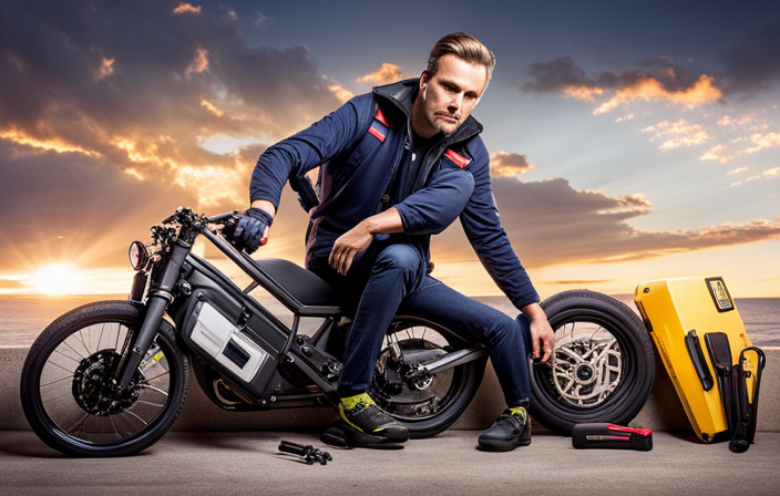 An image featuring a person wearing protective gear, confidently removing the speed limiter from an electric bike with a screwdriver, surrounded by a toolbox filled with various tools and components