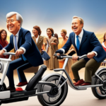 An image of a person happily riding an electric bike, surrounded by a diverse group of people, government officials, and business representatives, all engaged in a discussion about subsidies