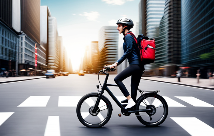 An image showcasing a vibrant city street with a cyclist effortlessly gliding through traffic on an electric hybrid bike
