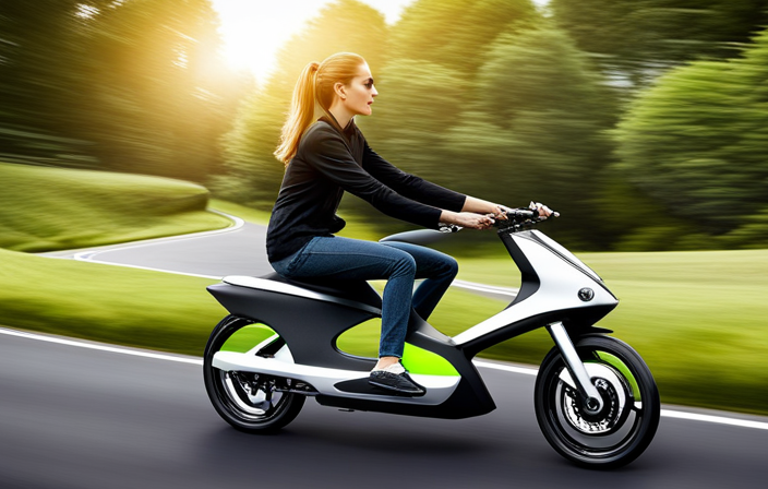 An image showcasing a person effortlessly riding a sleek, electric hybrid bike through a lush green landscape