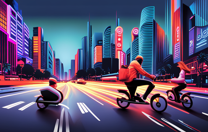 An image showcasing a futuristic cityscape with bustling streets filled with sleek electric bikes