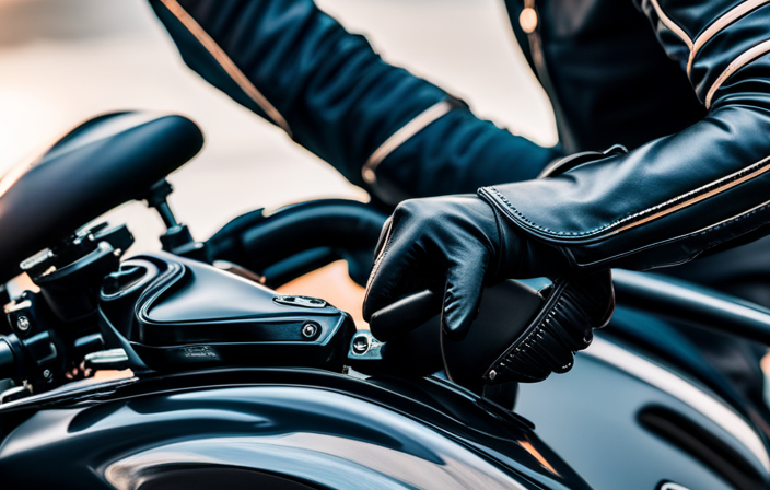 An image showcasing a close-up view of a motorcycle seat, with a rider's gloved hand connecting a sleek, black electric vest to the bike's power source, highlighting the intricate wiring connections and secure attachment