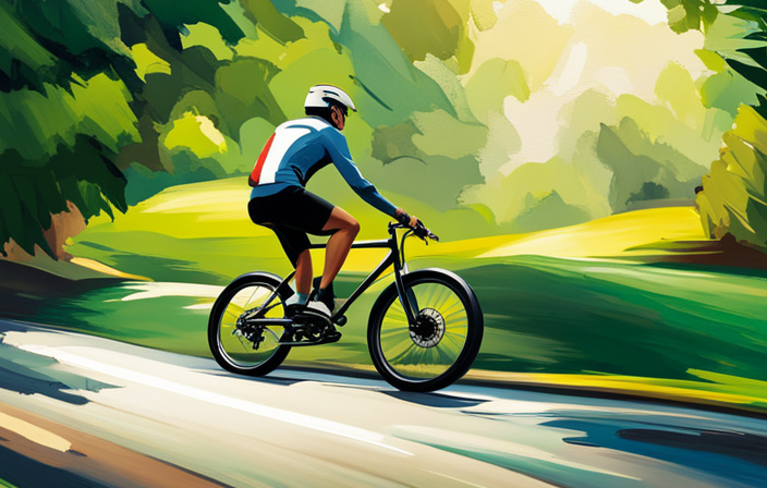 An image showcasing a rider on an electric bike zooming down a smooth, winding road, surrounded by lush greenery, with a focused and determined expression, radiating the exhilarating sensation of increased speed