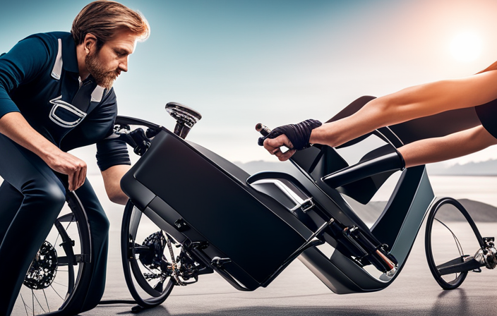 -up shot of a pair of hands swapping the standard electric bike battery for a high-performance one, showcasing the process of upgrading components to enhance speed and power