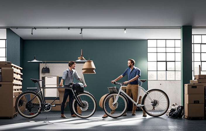 An image depicting a person in a well-lit garage, surrounded by tools and components, meticulously installing an electric bike conversion kit onto a sleek bicycle, showcasing the step-by-step process