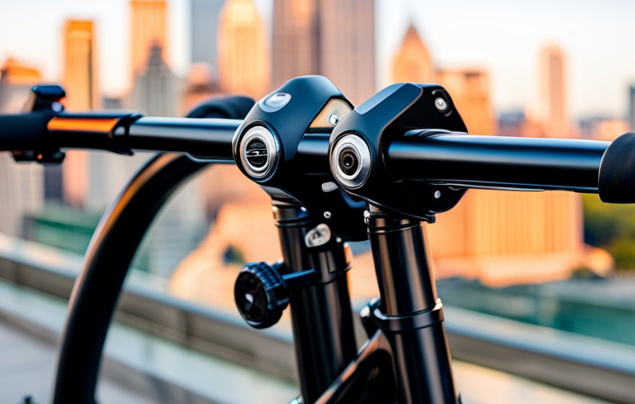 An image capturing a close-up of a sturdy U-lock securely fastened around the frame of an electric bike, with a background showcasing a bustling city street, reinforcing the importance of theft prevention