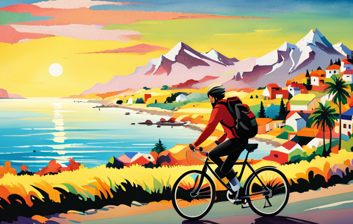 An image showcasing a cyclist cruising along a scenic coastal road, with a clear blue sky above, as their electric bike's cooling system emits a refreshing mist to prevent overheating