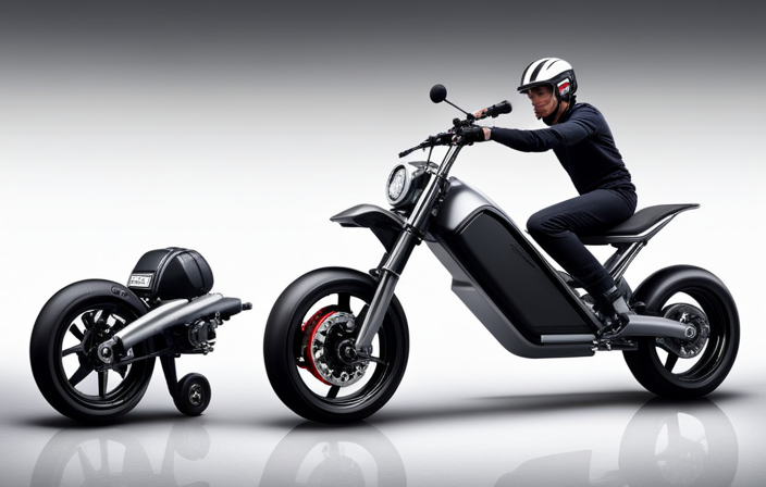 An image showcasing the key components of an electric start pocket bike: a sleek handlebar-mounted ignition switch, a compact battery tucked beneath the seat, and a visible starter motor connected to the engine