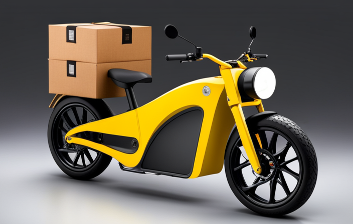 An image showcasing a close-up shot of a neatly packed electric bike in a sturdy cardboard box, adorned with shipping labels, fragile stickers, and handle with care symbols