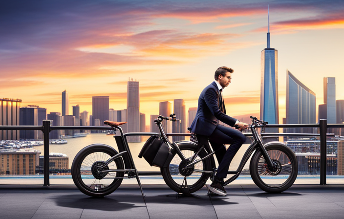An image showcasing a sturdy U-lock securely fastened around the frame and rear wheel of an electric bike, with a background of a bustling city street as a backdrop